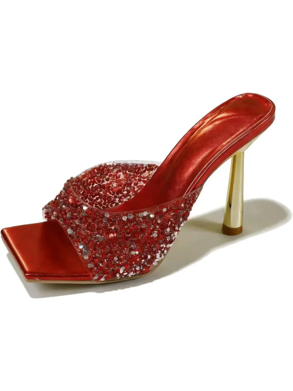Women's Red Wide Strap Shiny Rhinestones Stiletto Mules Sandals Square Open Toe